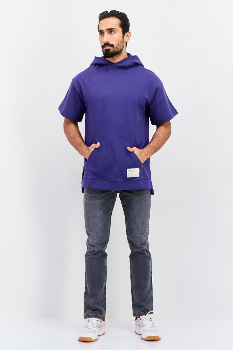 TRIBE OF 6 Men Hooded Short Sleeve Brand Logo Sweatshirt, Blue - Image 4